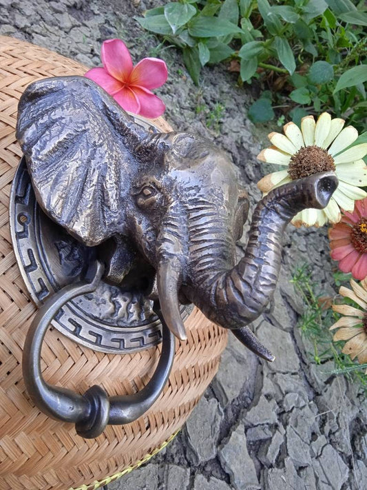 Vintage Solid Brass Elephant Head Door Knocker | African Decor