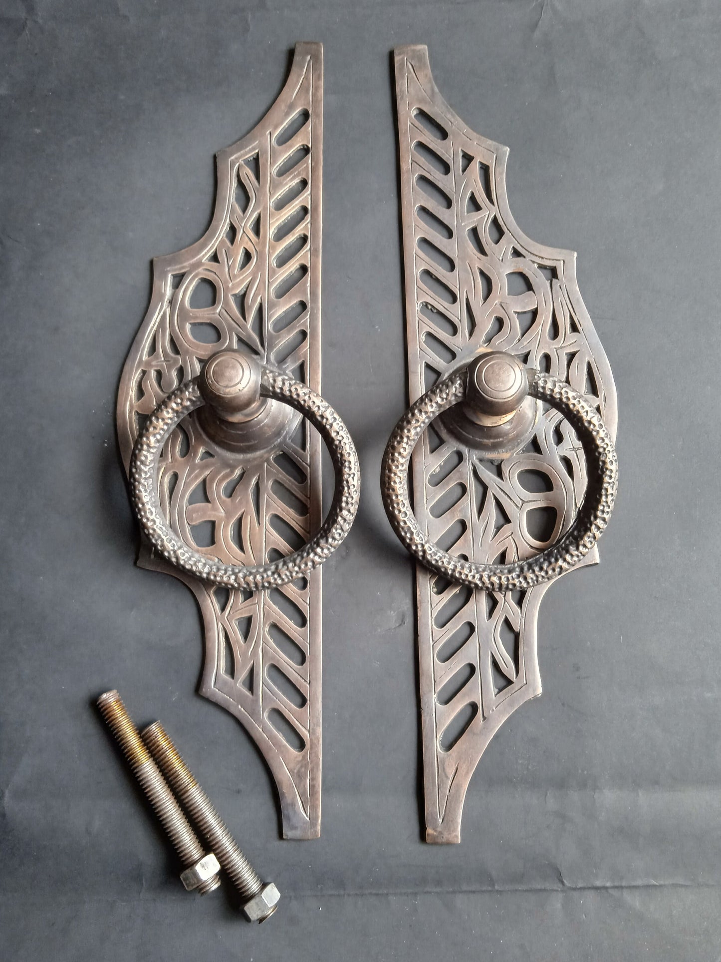 Antique Brass Double Door Ring Pull Handles | Front Entry Main Door Handle Set | Vintage Balinese Brass Hardware