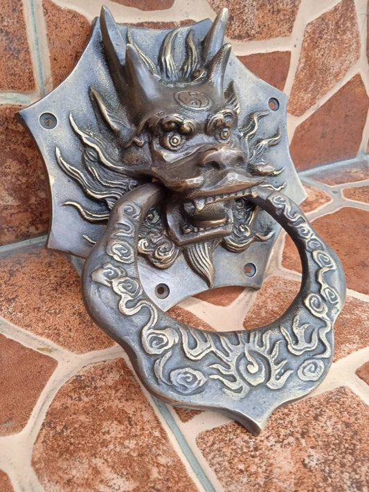 Antique Brass Sea Dragon Door Knocker, Vintage Dragon Door Hardware, Mythical Animal Door Knocker, Gothic Entryway Decor