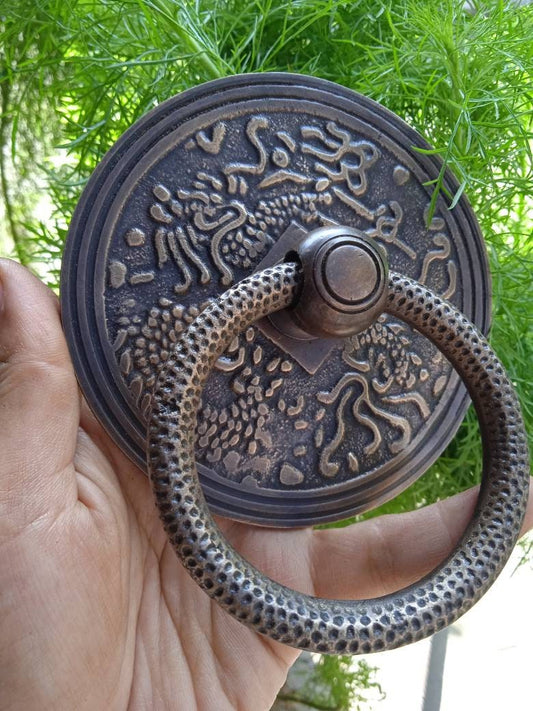 2pcs Vintage Brass Door Pull | 4.0" Round Cabinet Knob with Dragon Design