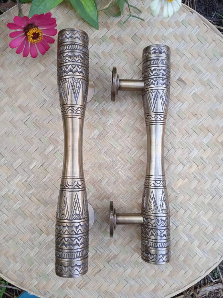 Vintage Egyptian Carved Solid Brass Door Handles | 11.81" Pair