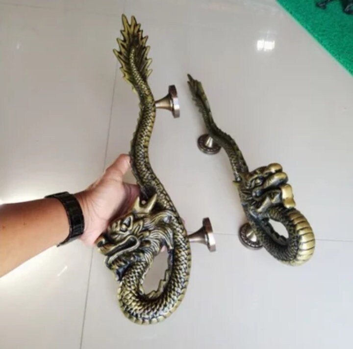 set of 2pcs Vintage Dragon Brass Door Handle Set | Architectural Pulls, 18.89" Inch