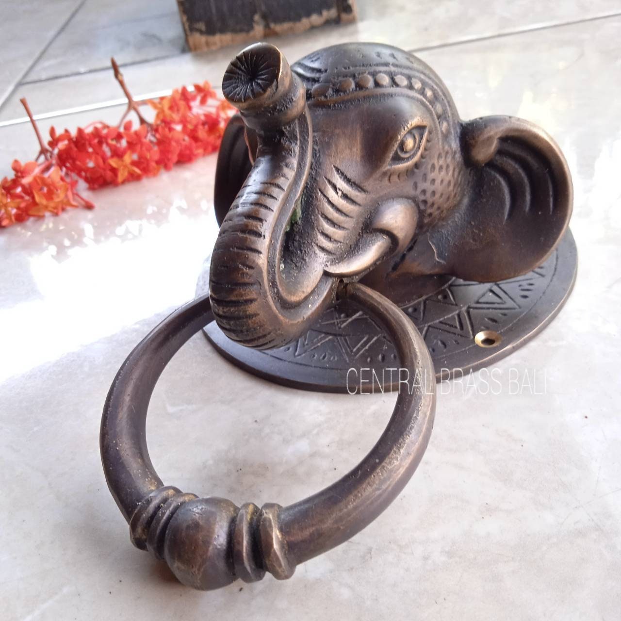 Thai Elephant Head Door Knocker, Solid Brass, Vintage Style