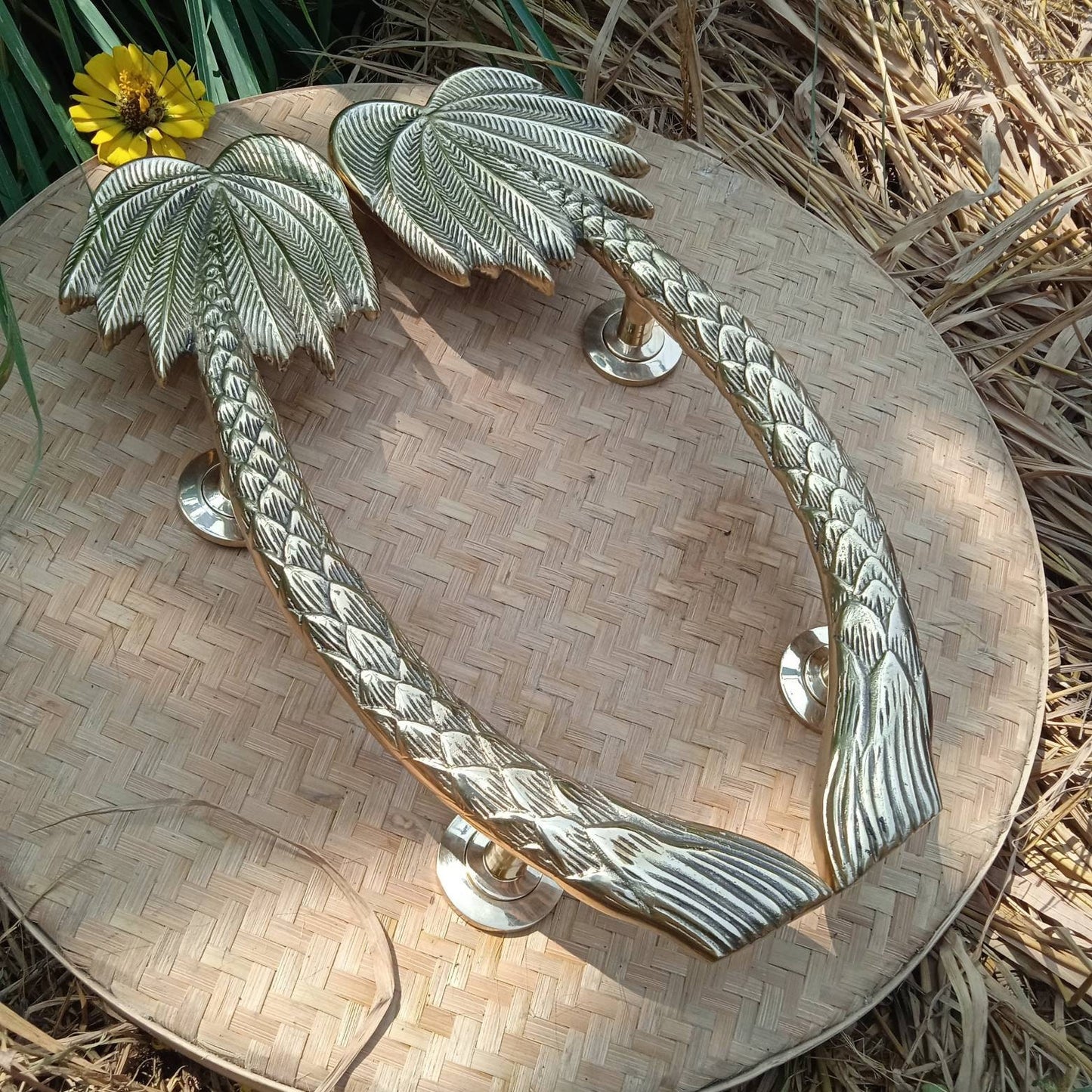 Palm Brass Door Handle Pair, Tropical Door Pulls, Bohemian Entry Door Hardware, Palm Tree Decor, Coastal Home, 15.74"