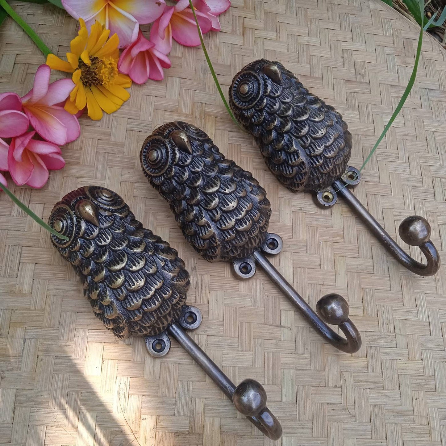 Antique Owl Hook Hanger, Solid Brass Vintage Wall Mount, Set of 3