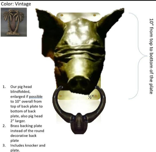 Custom Order | 8.07" SILVER Blind Pig Door Knocker with Rectangular Back Plate