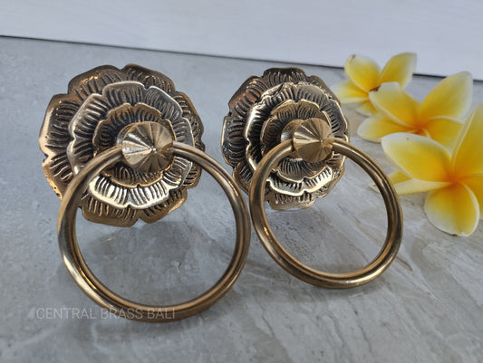 Set of 4 Solid Brass Sunflower Ring Pulls, Gold Cabinet Knobs, Vintage Retro Drawer Pull Hardware