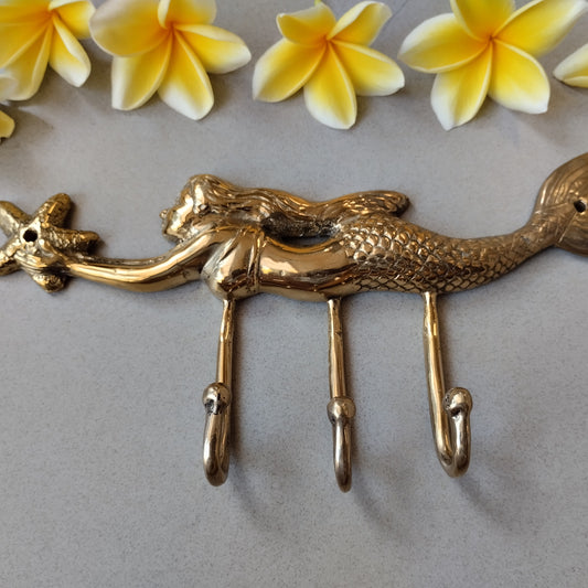 Brass Mermaid Wall Hooks Set of 2, Vintage Mermaid Coat Hooks, Solid Brass Nautical Wall Hangers, Coastal Bathroom Decor