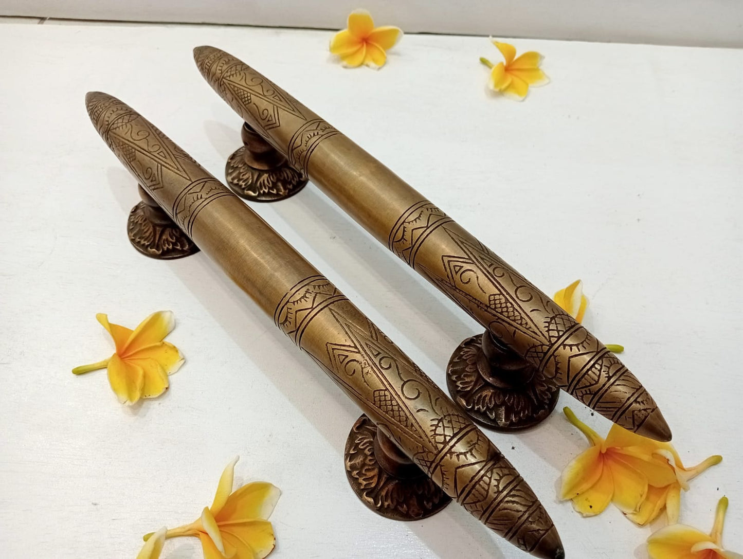 Engraved Tapered Solid Brass Door Handle Set – Antique Brass Entry Door Pull Handle for Front Door, Luxury Main Entrance Hardware