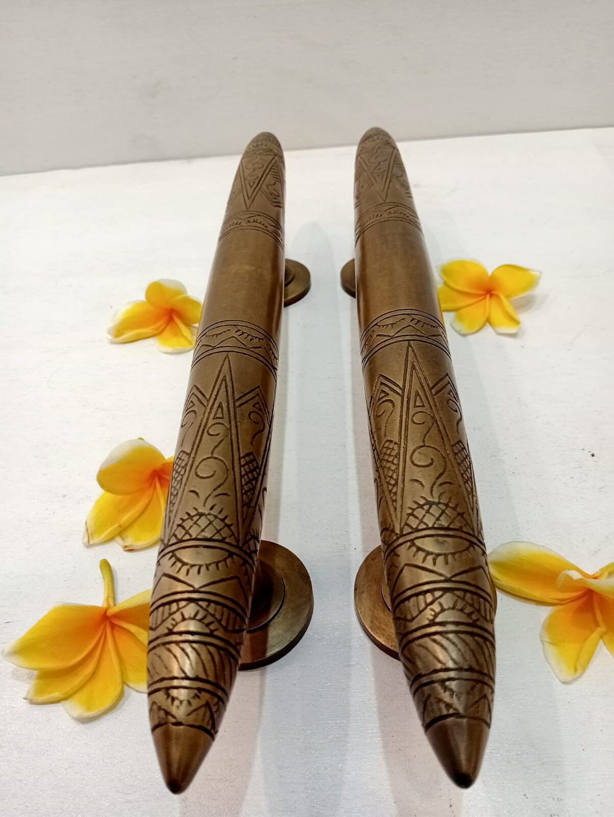Pair Solid Brass Art Deco Door Pull Handles, Tapered Horn Design, 14.6" Entry Door Handles, Luxury Modern Door Hardware