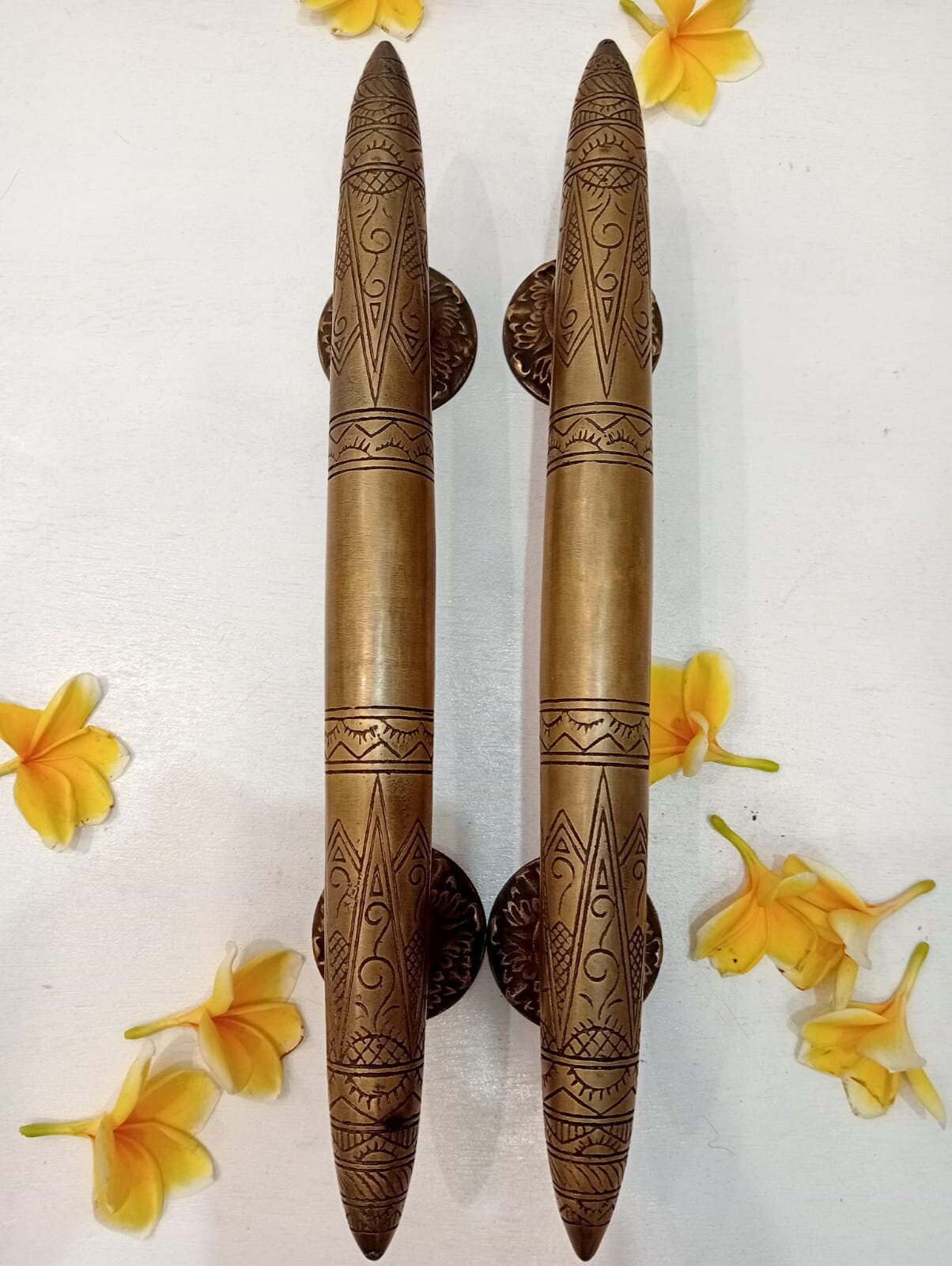 Engraved Tapered Solid Brass Door Handle Set – Antique Brass Entry Door Pull Handle for Front Door, Luxury Main Entrance Hardware