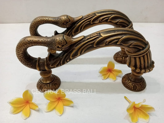 Pair Swan Door Handles, Vintage Solid Brass Entry Door Pulls, Elegant Decorative Hardware Set