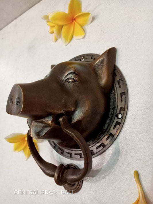 Vintage Brass Pig Door Knocker, Solid Brass Farmhouse Door Knocker, Rustic Animal Entry Door Hardware, 8.07 Inch