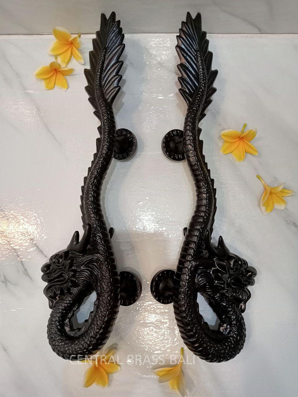 Pair Black Dragon Solid Brass Door Handle Set | Balinese Handcrafted Pull Handles | Gothic Entry Door Hardware | Luxury Furniture Pull