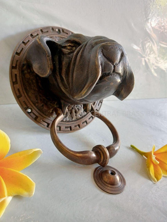Antique Solid Brass Bulldog Head Door Knocker | Large Vintage Style