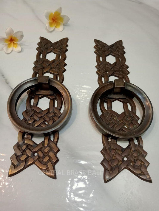 Vintage Carved Solid Brass Door Handle Pulls, Rope Design (Pair)