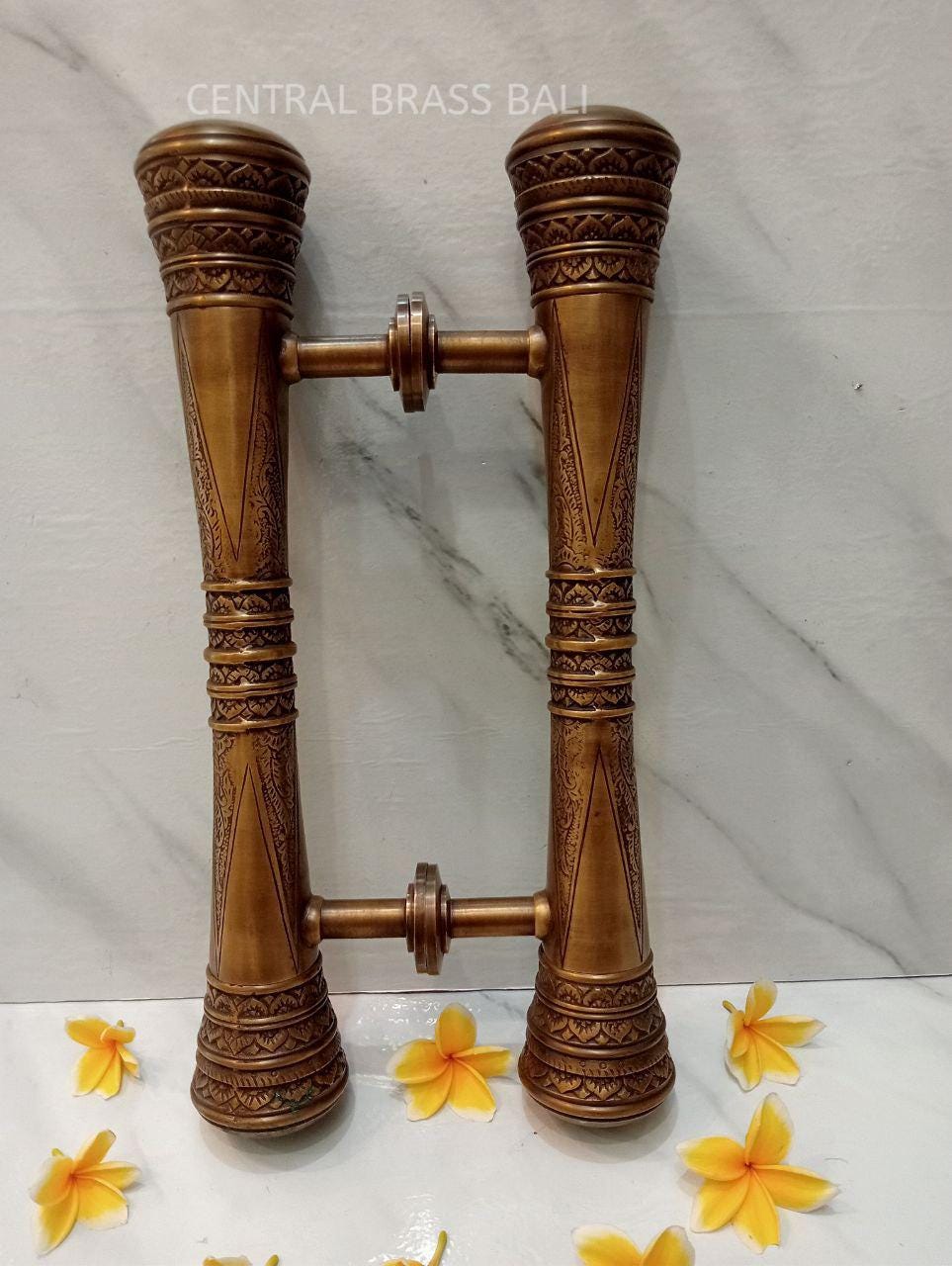 Carved Brass Victorian Door Handle Pair, 50cm Vintage Pulls