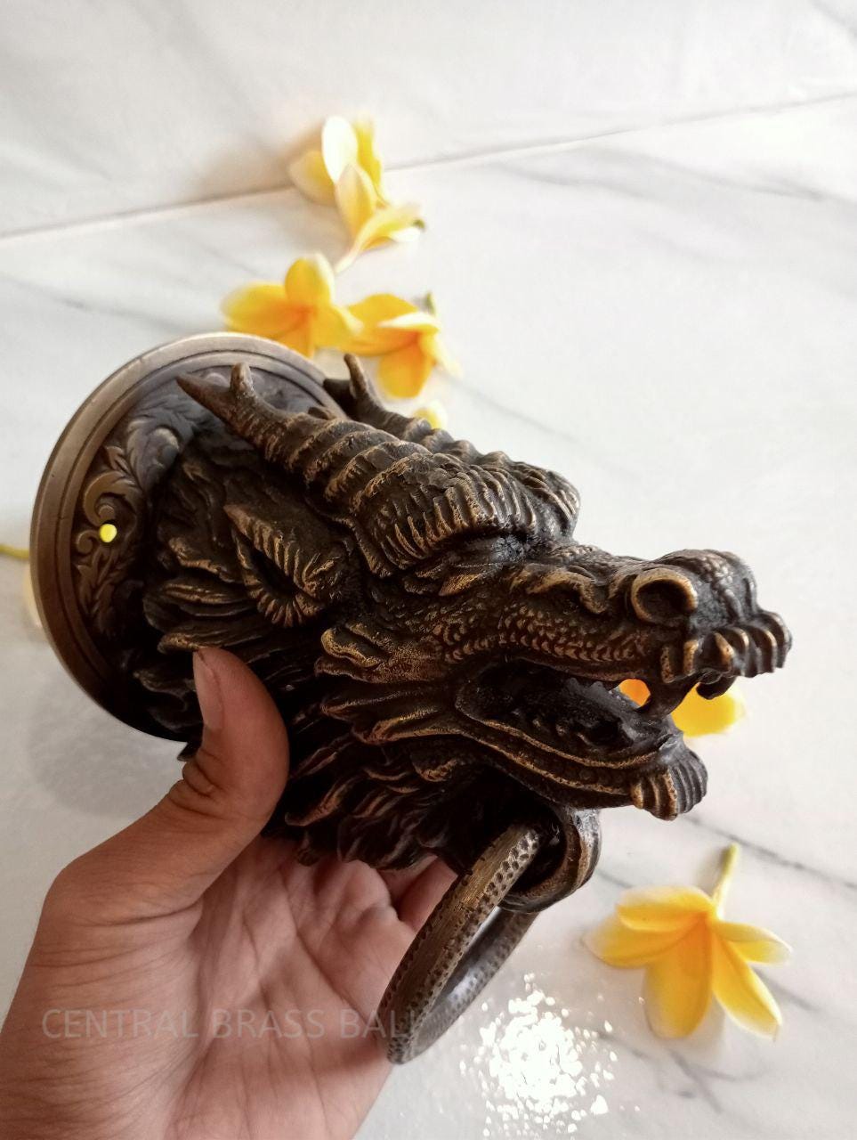Vintage Solid Brass Dragoon Head Door Knocker, Historic Entryway Accent