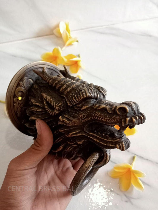 Vintage Solid Brass Dragoon Head Door Knocker, Historic Entryway Accent