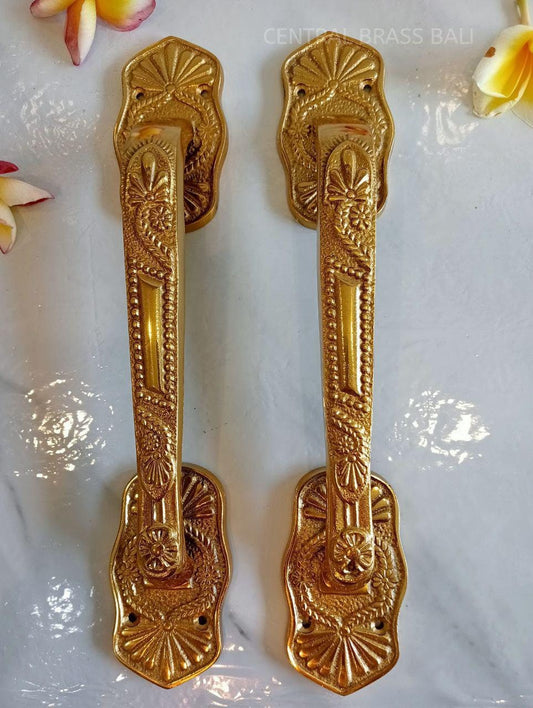 Pair of Carved Brass Door Handles | French Style Gold Polished Entry Door Pulls | Vintage Main Door Hardware