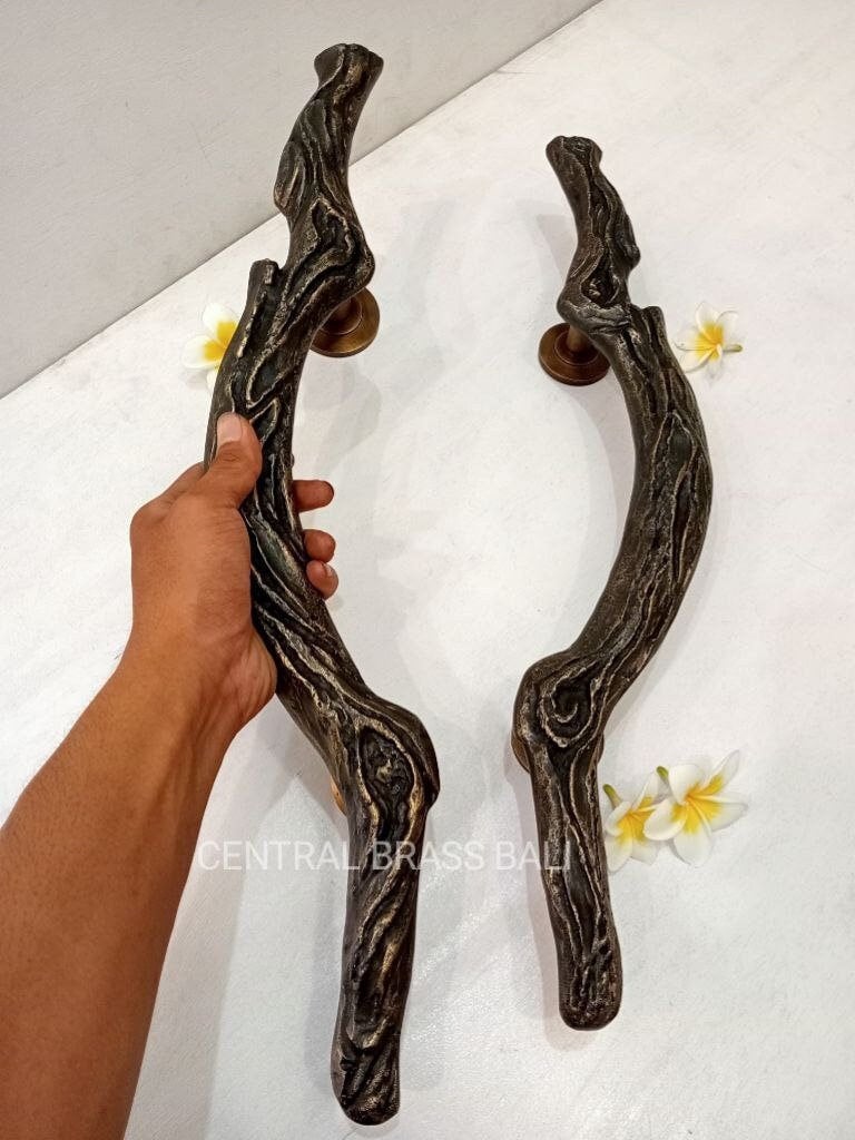 Antique Brass Branch Door Handles | Wood Design, 20.5" Pair