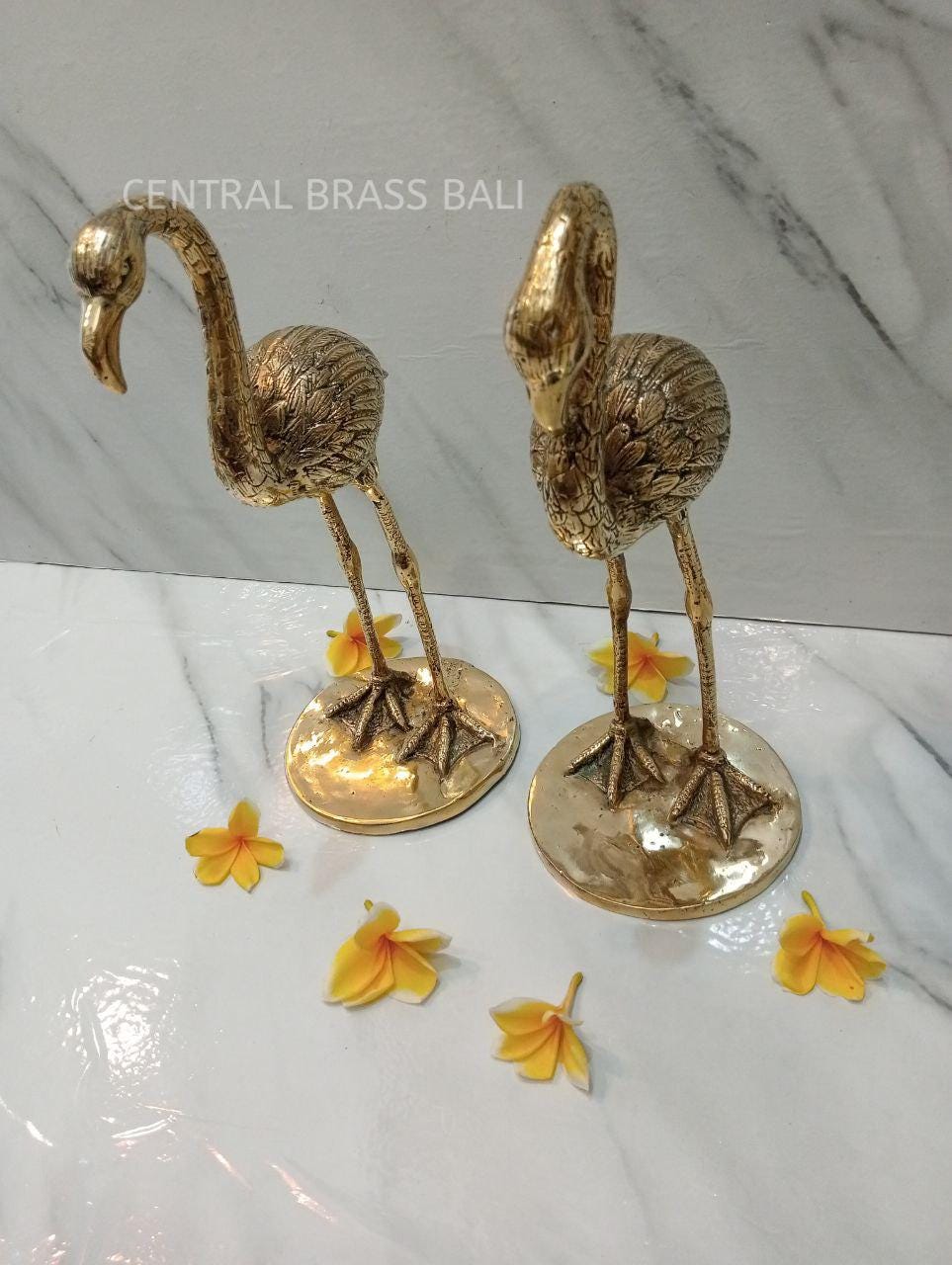 Set of 2 Large Brass Flamingo Figurines, Tropical Home Decor, Exotic Bird Sculpture, Office Decor