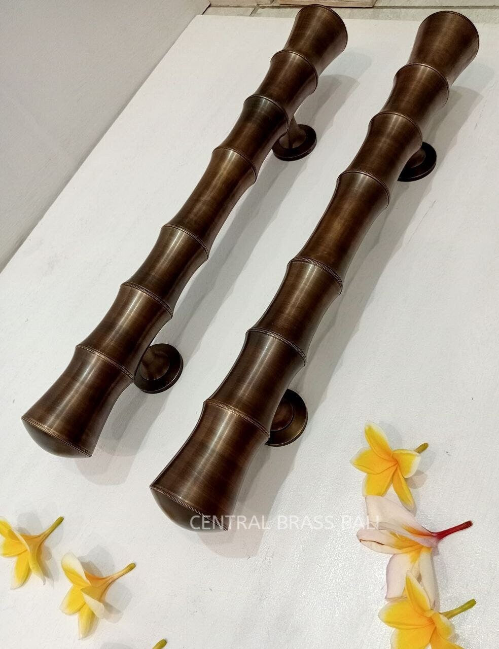 Pair Brass Bamboo Door Handles, Main Entry, 50cm