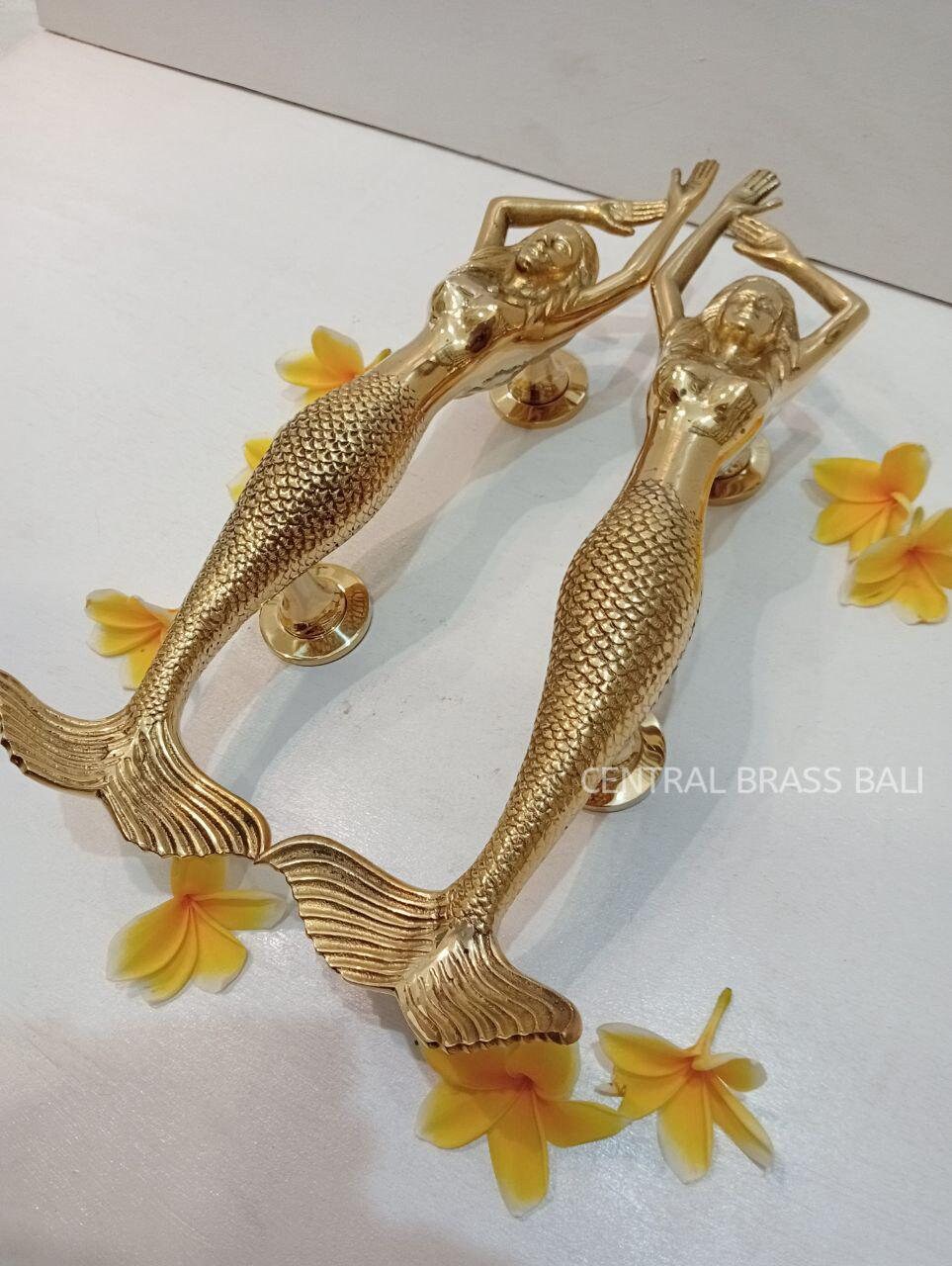 Solid Brass Mermaid Door Handle Set, Gold Polish, 15.35"