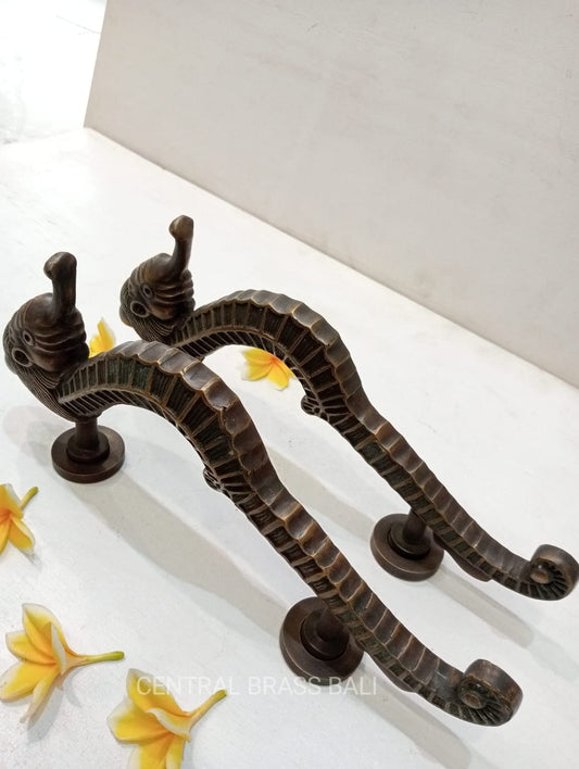 Vintage Solid Brass Seahorse Door Handle Pair, Coastal Beach House Entry Door Pulls, Nautical Front Door Hardware