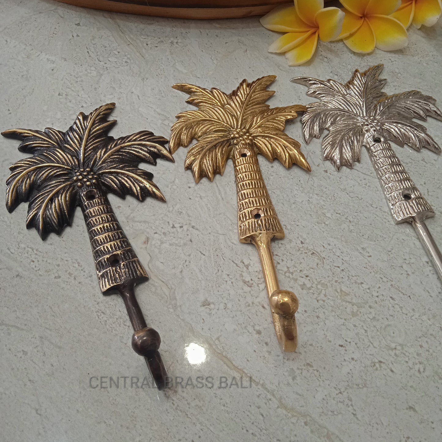 Set of 3 Brass Palm Tree Wall Hooks, Beach Decor