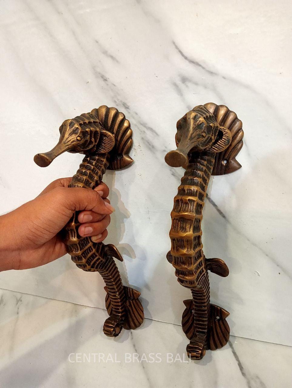 12" Seahorse Brass Door Handles Set of 2 | Nautical Front Door Pulls | Coastal Main Entry Handles | Solid Brass Hardware