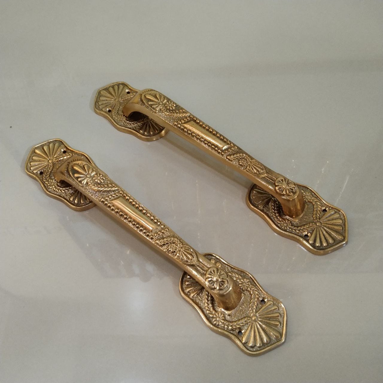 Solid Brass Door Handle Pair, Gold Finish, Entryway Pull