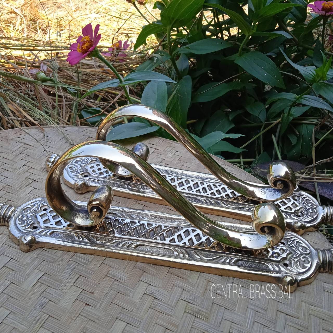 2pcs French Brass Door Pull Handles, Solid Brass Entry Door Hardware, Gold Finish, Vintage European Style, 11.41 Inch