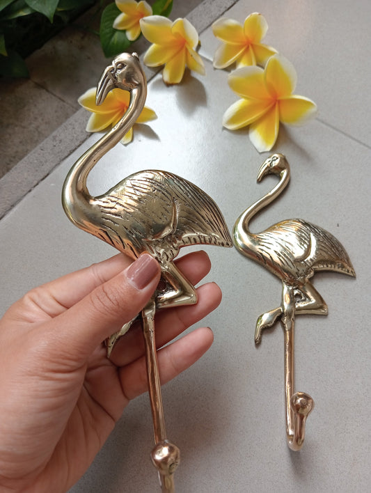 Set of 3 Big Flamingo Brass Wall Hooks, Beach House Decor (8 Inch)