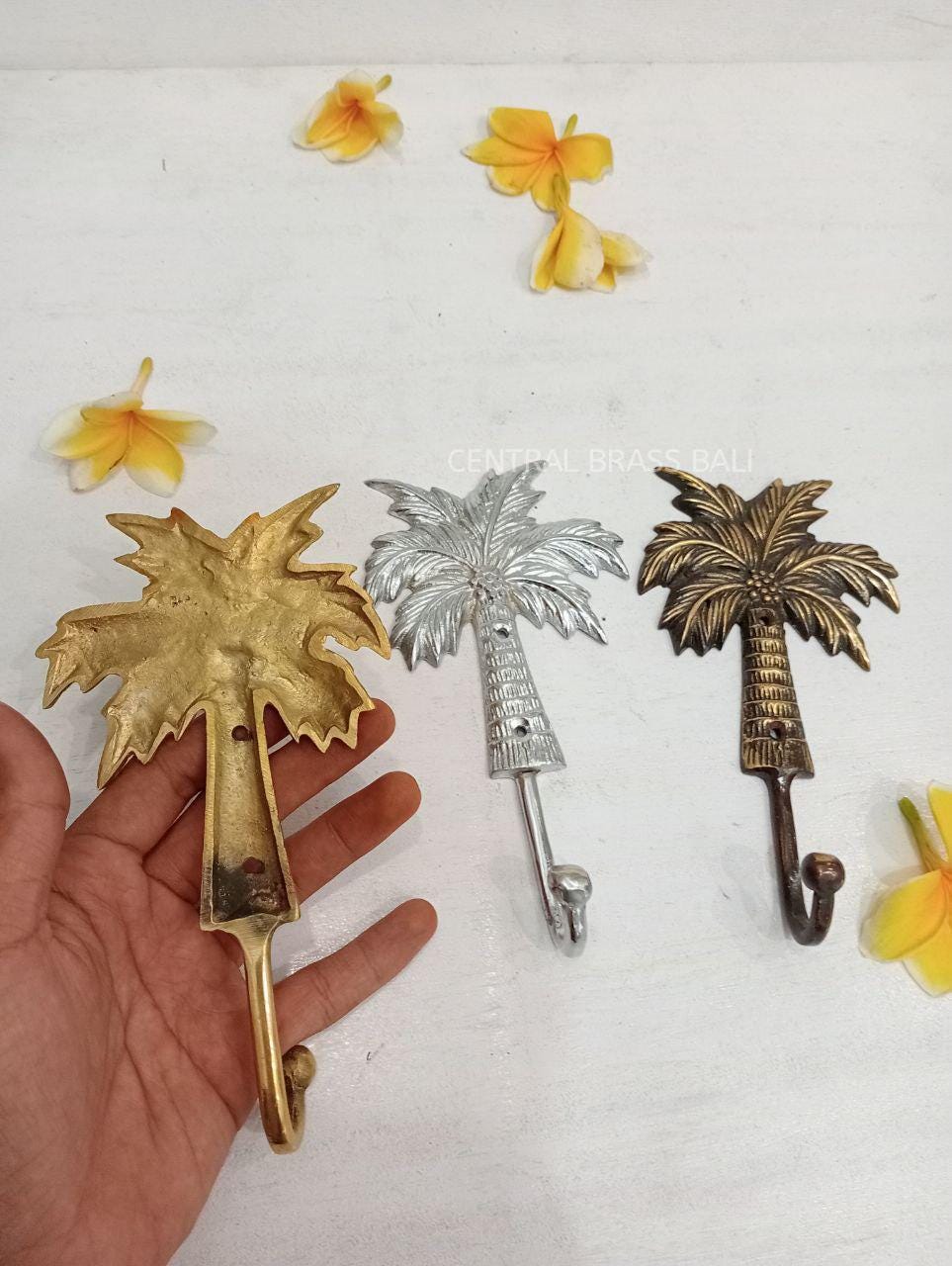 set of 3 Pcs Solid Brass Palm Tree Hook, Vintage Hat Coat Towel Hanger