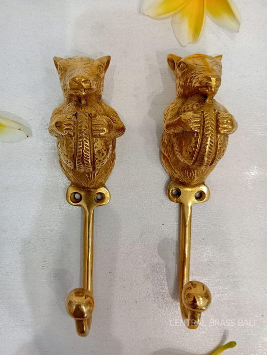 Set of 3 Squirrel Head Brass Wall Hook | Polished Animal Coat Hanger