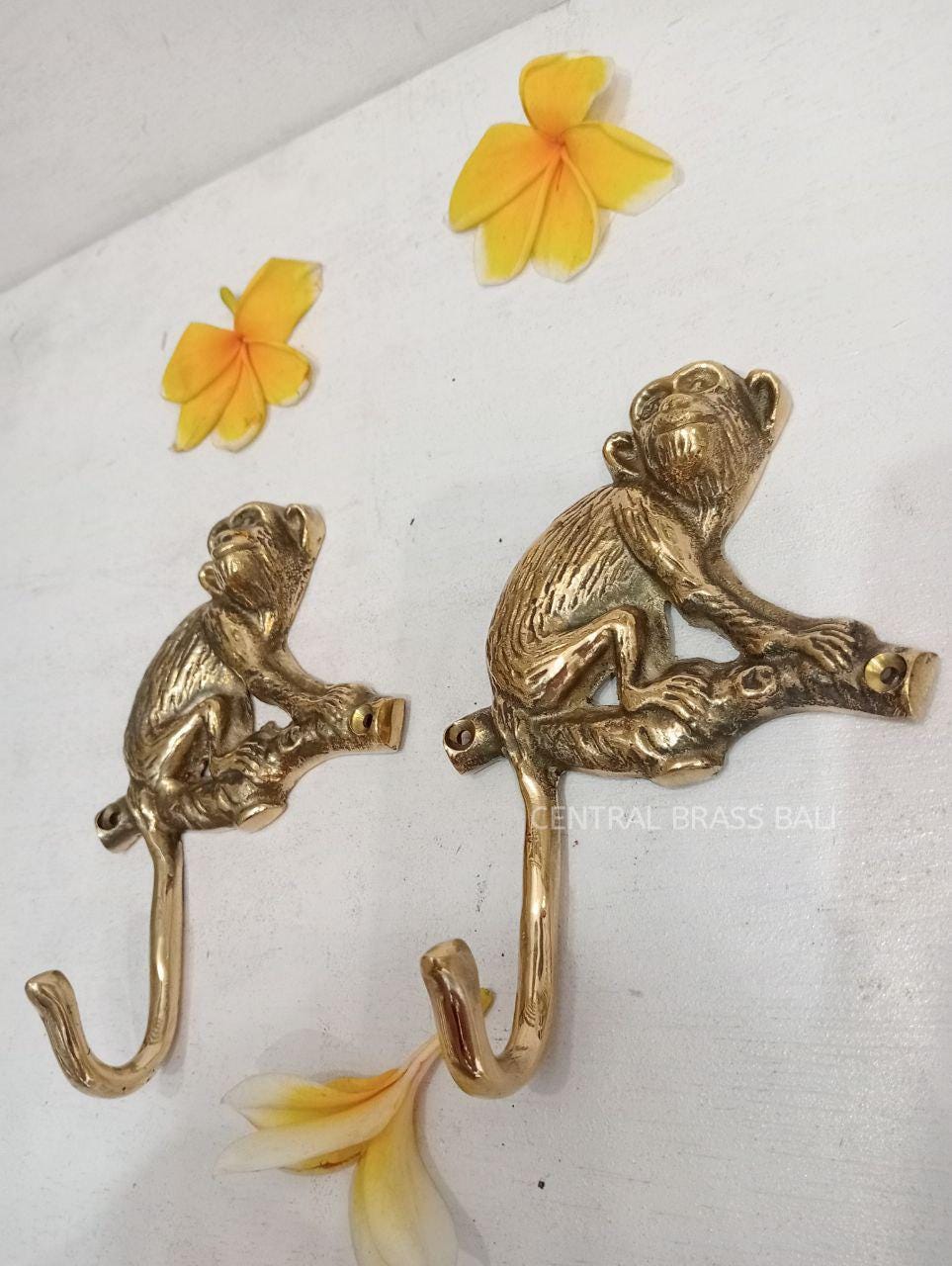 Gold Polished Brass Monkey Wall Hook, Vintage Forest Style (Set of 4)