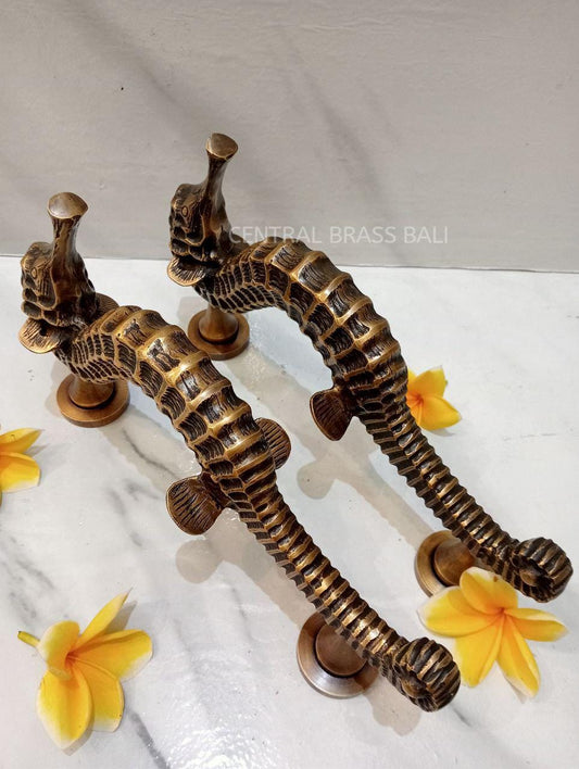 Pair of Solid Brass Seahorse Door Handles | Coastal Front Door Pulls | Nautical Main Entry Handles | Vintage Brass Hardware (Antique)