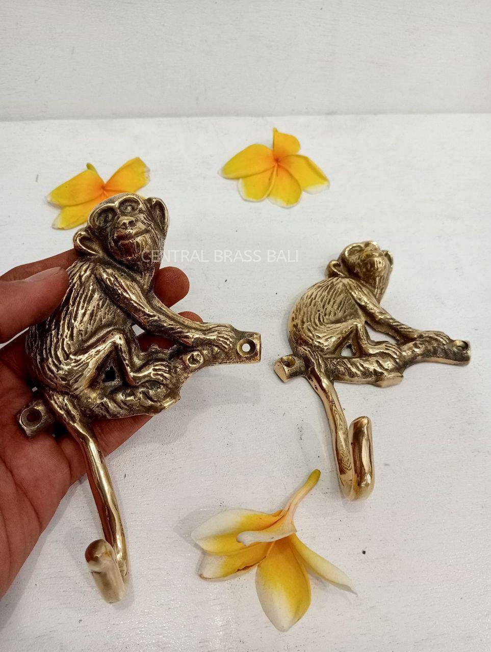 Gold Polished Brass Monkey Wall Hook, Vintage Forest Style (Set of 4)