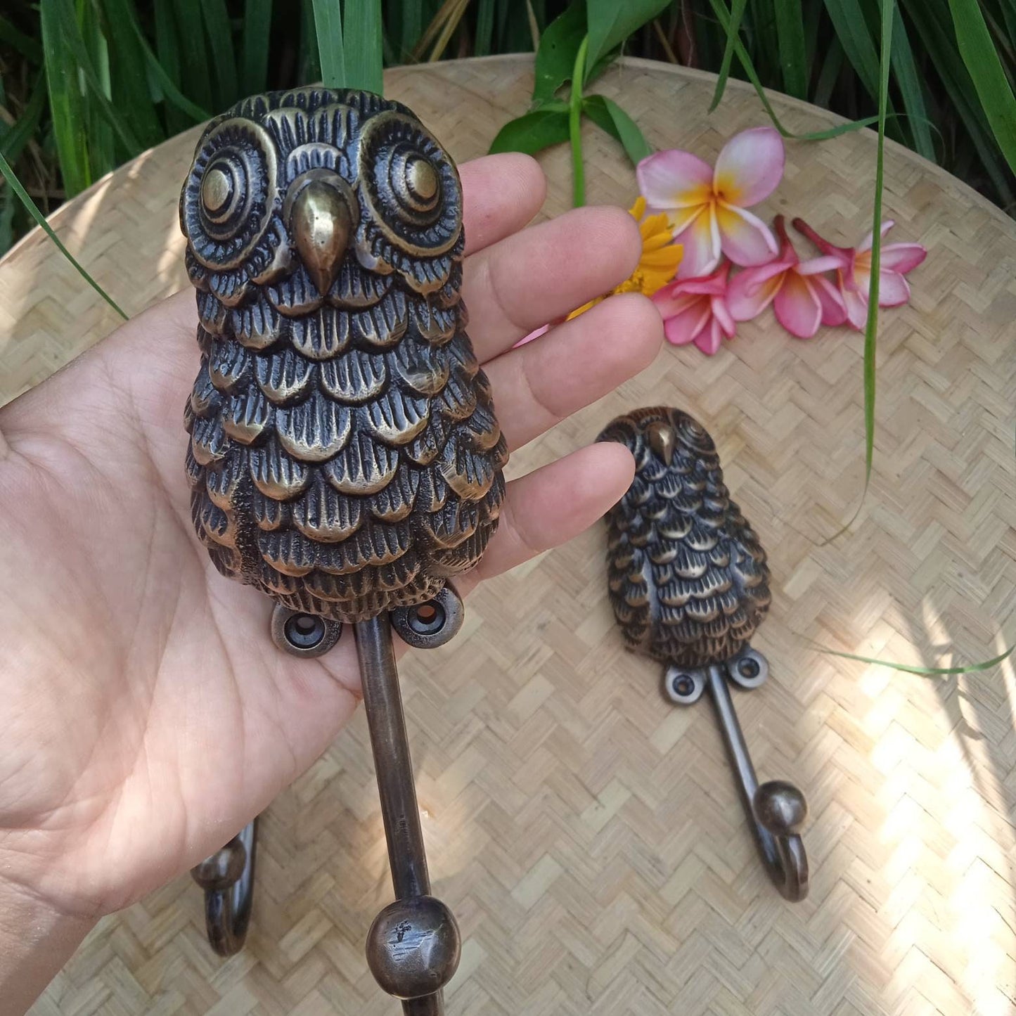 Antique Owl Hook Hanger, Solid Brass Vintage Wall Mount, Set of 3