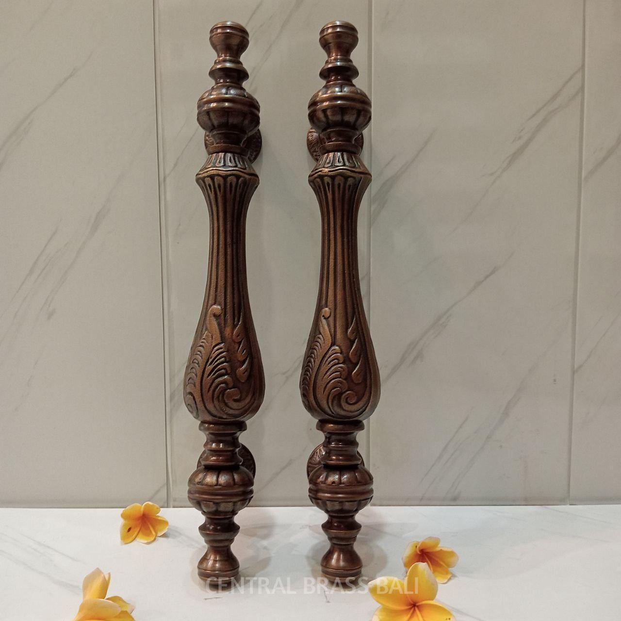 Pair  Carved Victorian Brass Door Pulls | Antique Handles (48 cm)