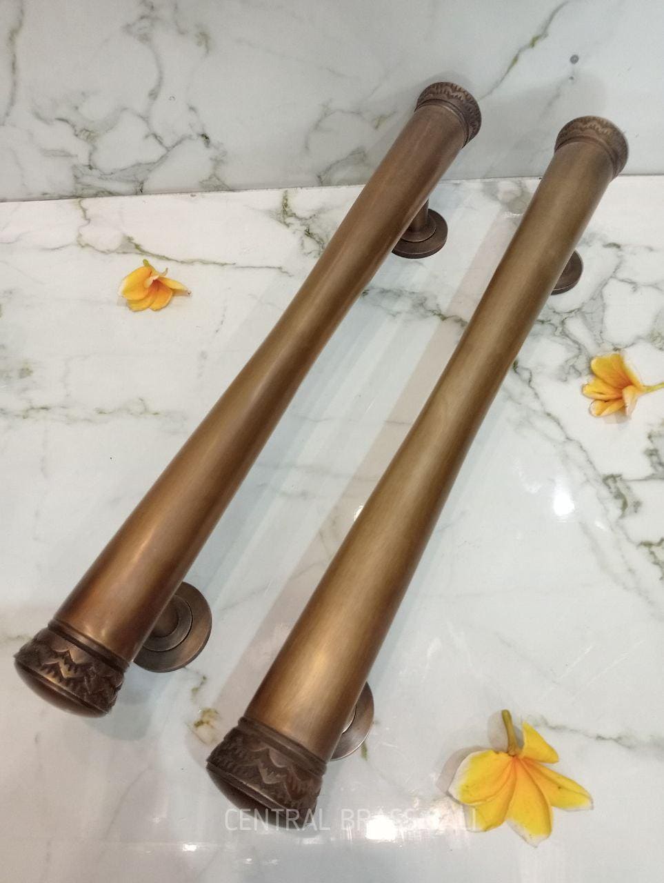 Vintage Solid Brass Carved Door Handle Set (50cm)