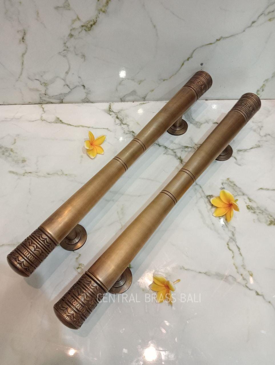Set of 2 Solid Brass Front Door Handles 60cm | Antique Plain Edge Carved Entry Door Pull | Modern Main Entrance Handle Pair