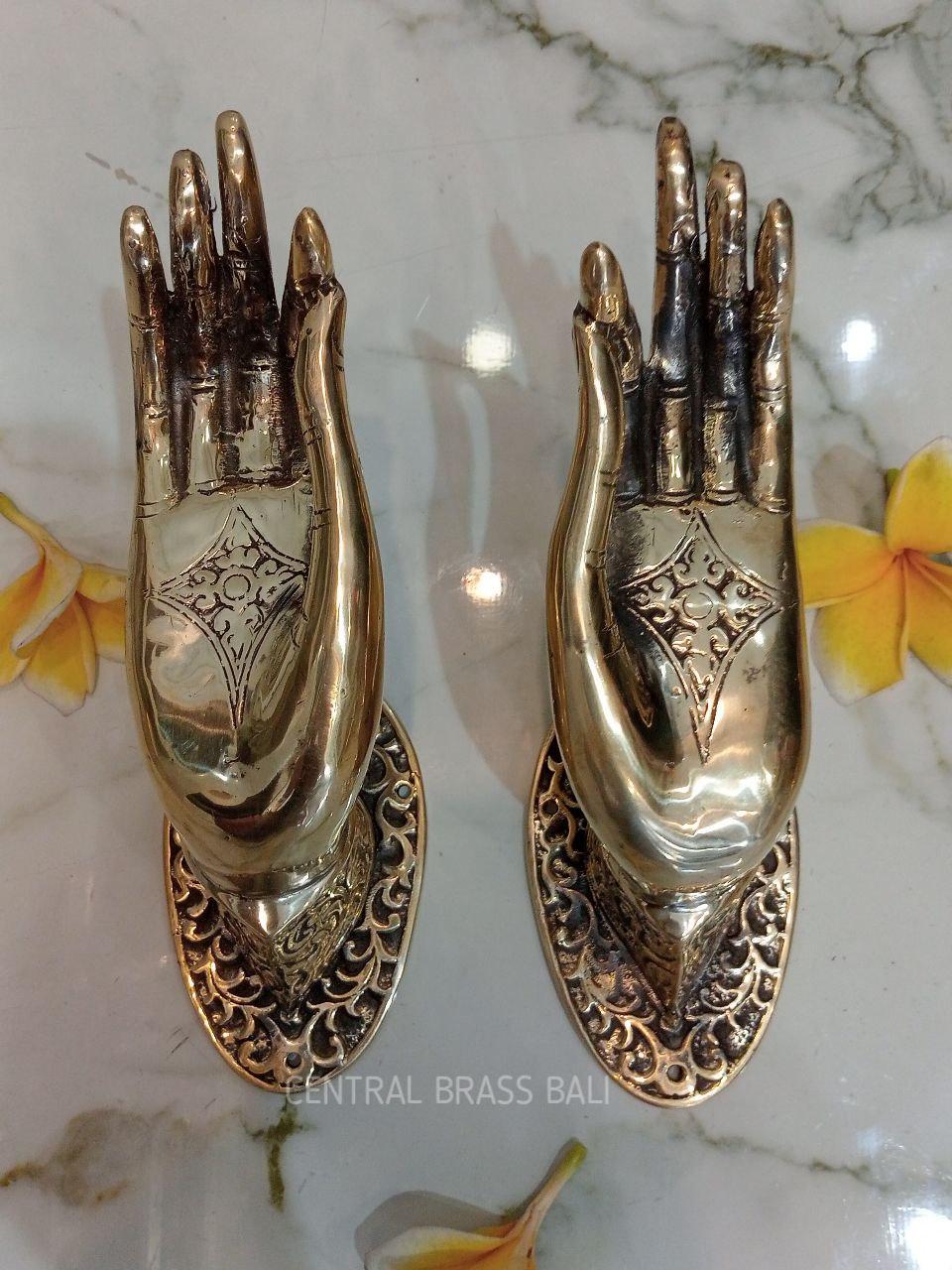 Set of 2 Polished Brass Buddha Hand Door Handles, Gyan Mudra Pulls, Spiritual Entry Hardware