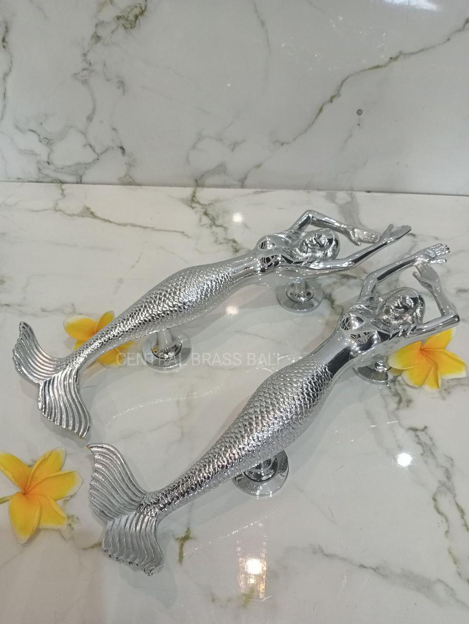 2pcs Silver Brass Mermaid Door Handle | Ocean Inspired Pull Handle for Main Entry Door