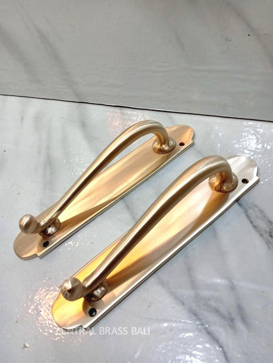 Modern Brushed Brass French Door Handle | Luxury Entry Door Pull with Backplate | Contemporary Solid Brass Front Door Hardware | Pair