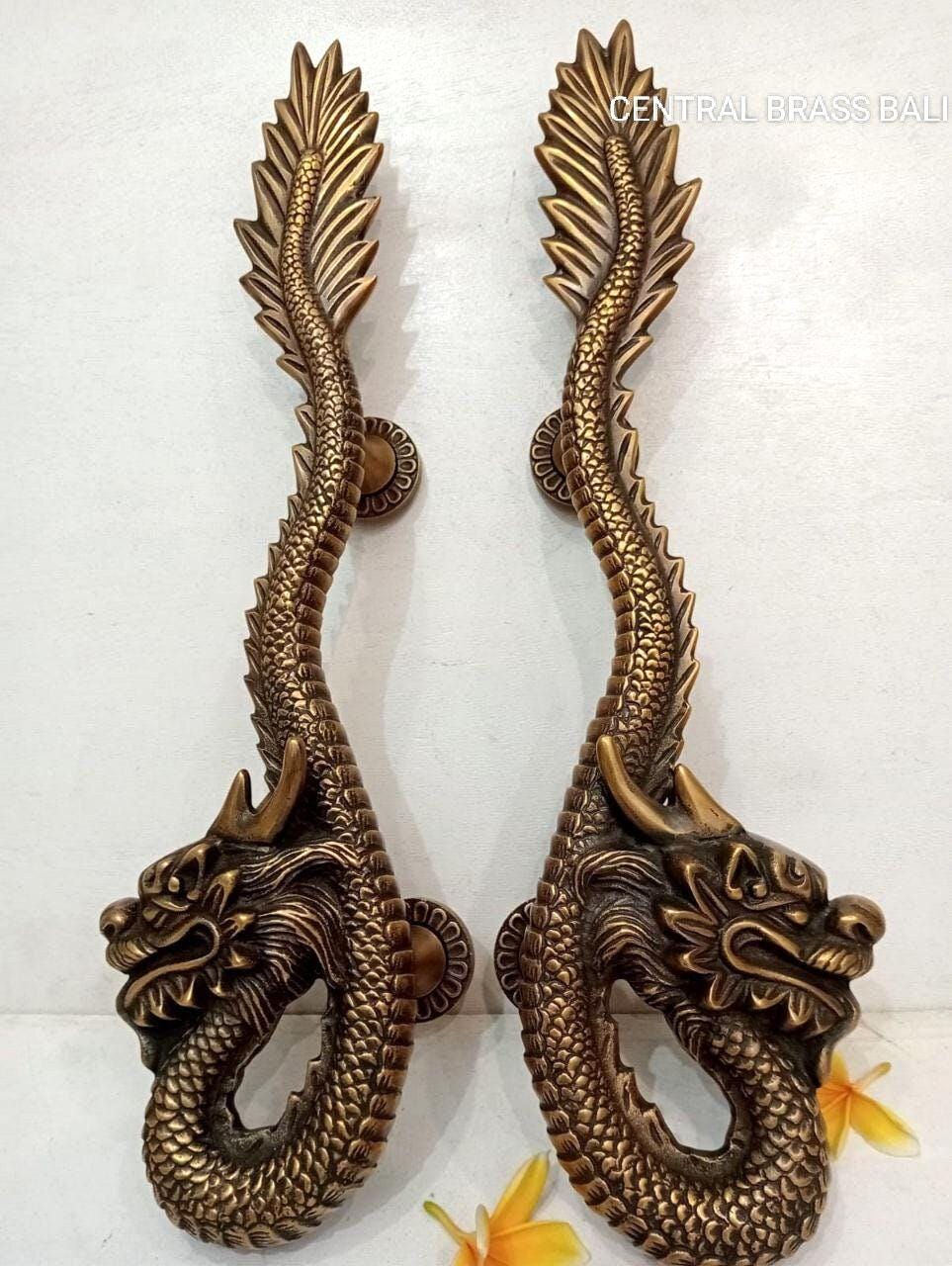Fantasy Dragon Brass Door Handles Set of 2, Handmade Antique Entryway Hardware