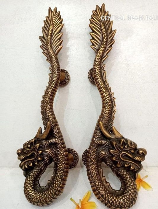 Fantasy Dragon Brass Door Handles Set of 2, Handmade Antique Entryway Hardware