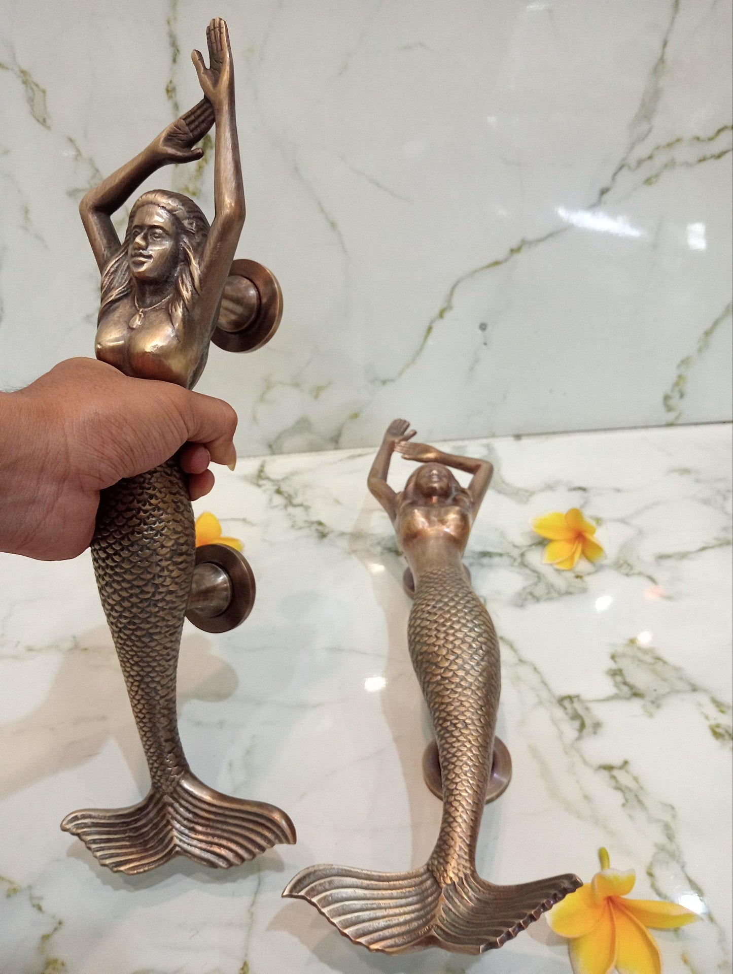 Antique Brass Mermaid Door Handle Set, Nautical Decor, 15.35"
