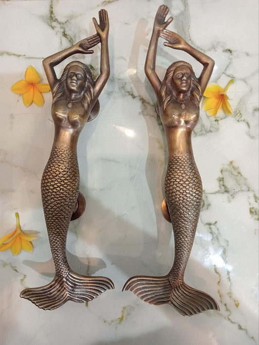 Antique Brass Mermaid Door Handle Set, Nautical Decor, 15.35"